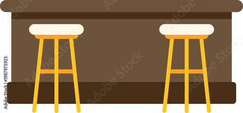Wooden bar counter with two yellow and white stools for drinking or dining
