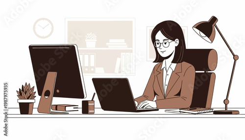 woman working on laptop and computer at office desk.