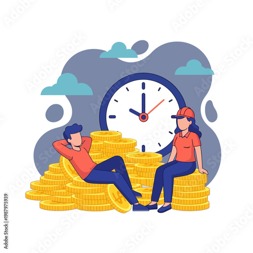Illustration of a man and a woman relaxing on piles of gold coins with a large clock in the background, symbolizing financial freedom and time management.
