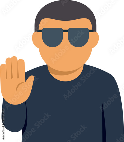 Man in sunglasses preventing access with a stop hand gesture