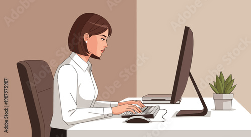 woman sitting at desk working on computer.