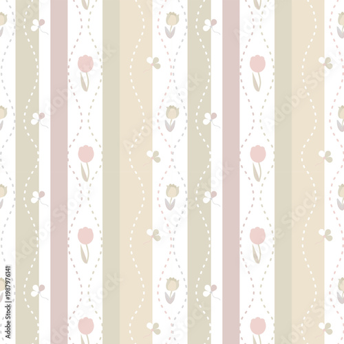 Charming seamless pattern with soft pastel tulips and clovers on vertical stripes. Perfect for nursery decor, baby clothes, and vintage stationary. Cute and minimalist aesthetic.