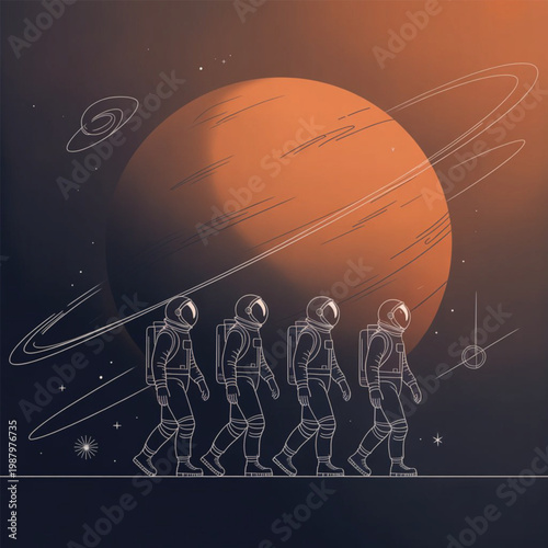 Astronauts walking in space with a large orange planet and rings