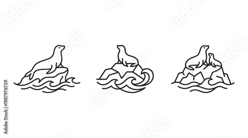 Minimalist Line Art of Seals on Ice Floes