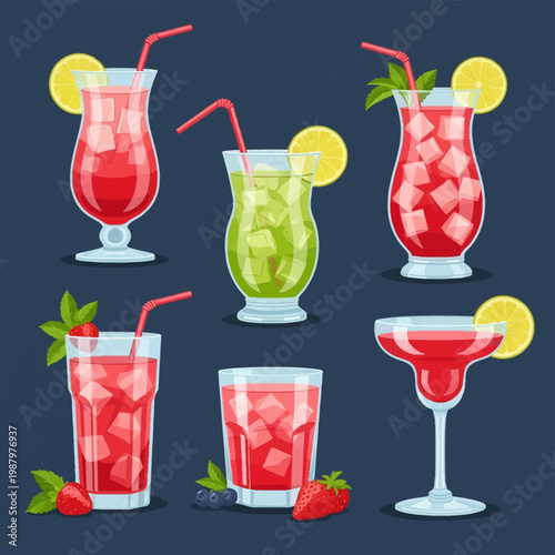 Collection of six vector illustrations of colorful mocktails and cocktails with ice cubes, lemon slices, mint leaves, strawberries, and red straws isolated on a dark blue background.