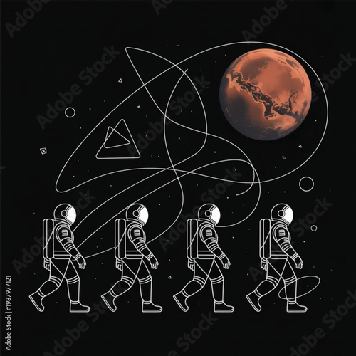 Astronauts walking in space with planet and orbital graphics