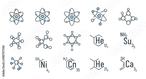 Collection of chemical molecular structures and atomic models.
