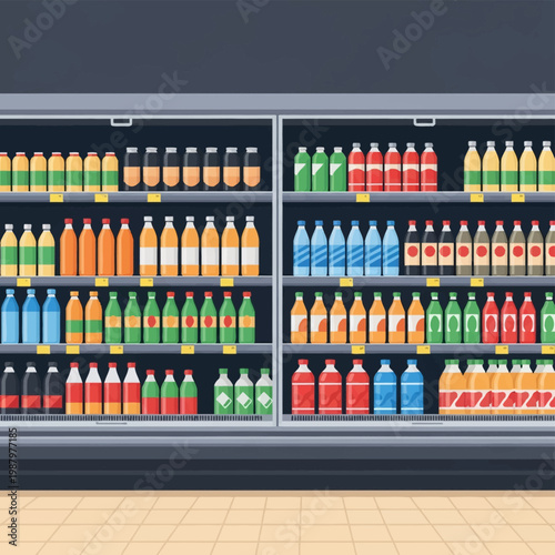 Flat vector illustration of a supermarket commercial refrigerator display case with organized shelves of colorful bottled beverages including soda, water, and fruit juice drinks.