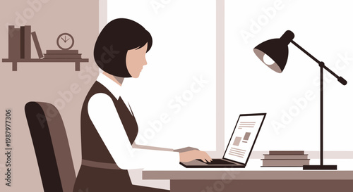 woman working on laptop at desk.