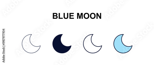 blue moon multi-style outline icon set - astronomy concept. Thin line, regular, filled, colored blue moon icon