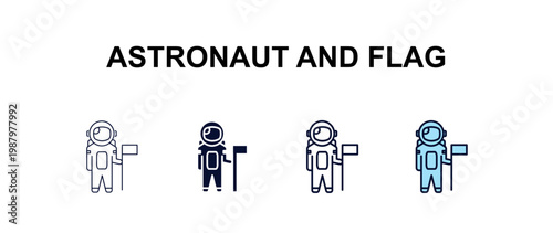 astronaut and flag multi-style outline icon set - astronomy concept. Thin line, regular, filled, colored astronaut and flag icon