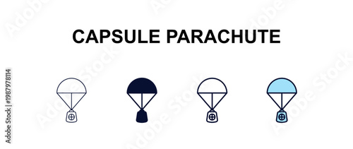 capsule parachute multi-style outline icon set - astronomy concept. Thin line, regular, filled, colored capsule parachute icon