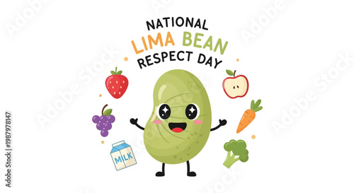 Cheerful vector illustration celebrating National Lima Bean Respect Day, featuring a cute, cartoon lima bean character surrounded by various healthy foods against a clean white background