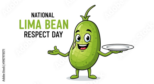 A cheerful cartoon lima bean character happily celebrates National Lima Bean Respect Day, presenting a plate with open arms against a clean white background, promoting healthy eating
