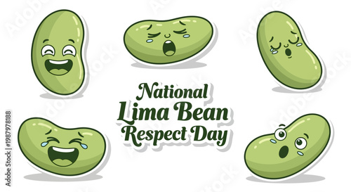 Cartoon illustration of lima beans with different emotional expressions, celebrating National Lima Bean Respect Day, set against a clean white background in a playful and lighthearted
