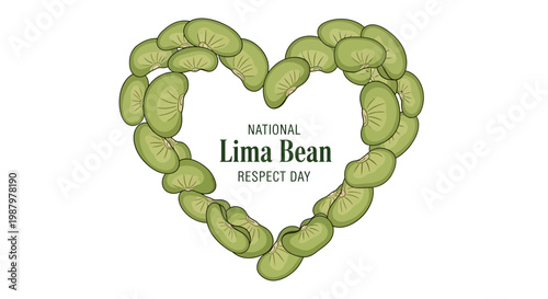 Overhead vector illustration celebrating National Lima Bean Respect Day with lima beans forming a heart shape against a clean white background, promoting healthy eating and plant-based
