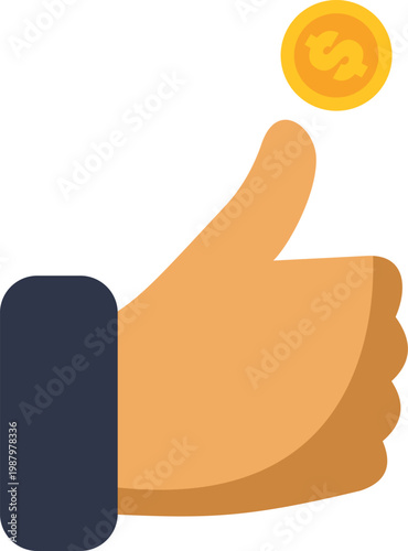 Hand showing thumbs up gesture with a floating golden dollar coin