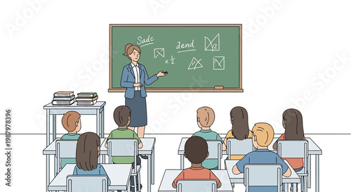 Teacher standing in front of classroom with students sitting at desks looking at green chalkboard with white chalk drawings