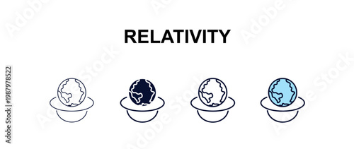 relativity multi-style outline icon set - astronomy concept. Thin line, regular, filled, colored relativity icon