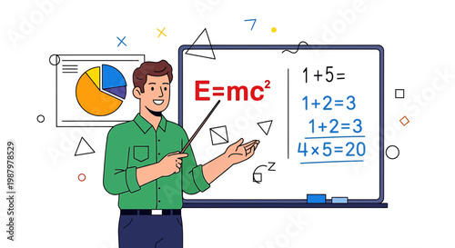 Teacher explaining math and physics equations on whiteboard with pie chart