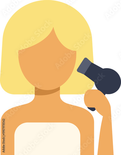 Woman drying and styling blonde bob hair with a hairdryer after shower