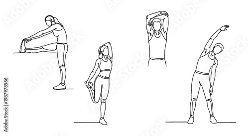 Line art illustration depicting people performing various stretching exercises