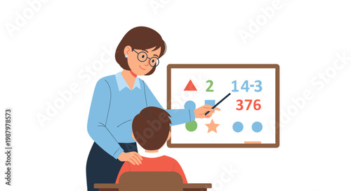 Teacher guiding student with math problems on whiteboard in classroom setting
