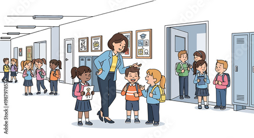 Teacher guiding students in a school hallway with lockers and classrooms