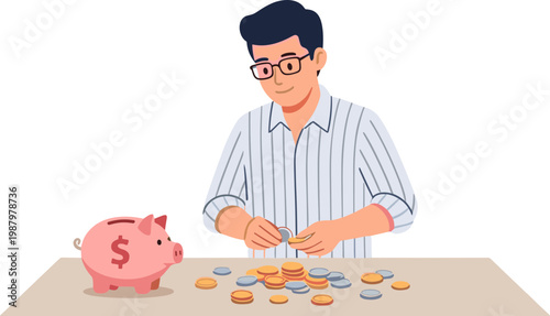 Man putting coins into piggy bank on table indoors