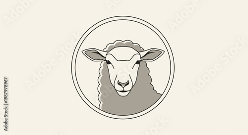 Stylized sheep head illustration in a circular frame. Modern minimalist farm animal icon, agriculture and wool industry emblem.