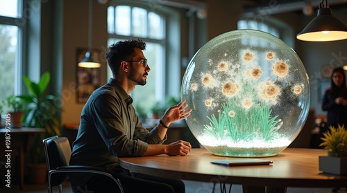 Man with Glasses Observing Glowing Biological Sphere in Modern Office