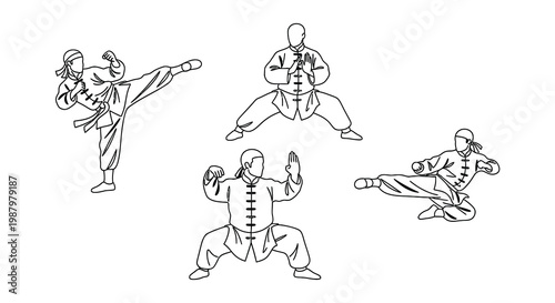 Line art illustration depicting four figures practicing martial arts poses