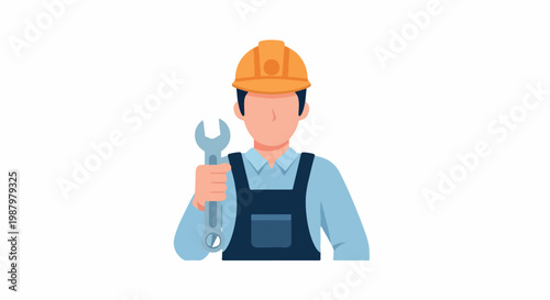 Cartoon construction worker holding adjustable wrench in orange hard hat and blue overalls ready for project tasks