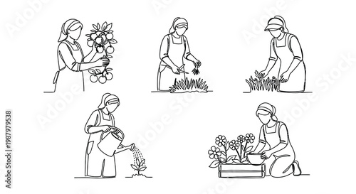 Line art illustration depicting women gardening and tending to plants