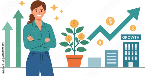 A woman stands confidently with crossed arms beside a growing plant and increasing graph charts in a business environment.