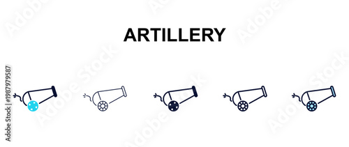 artillery multi-style outline icon set - army and milatry concept. Thin line, regular, filled, colored artillery icon