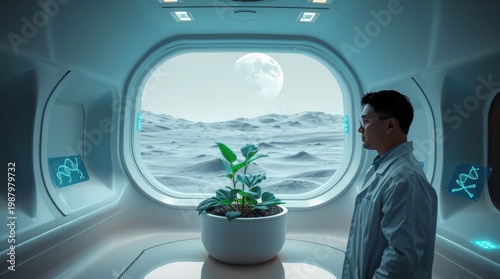 Scientist Observing Green Plant in Futuristic Mars Base Laboratory