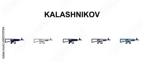 kalashnikov multi-style outline icon set - army and milatry concept. Thin line, regular, filled, colored kalashnikov icon
