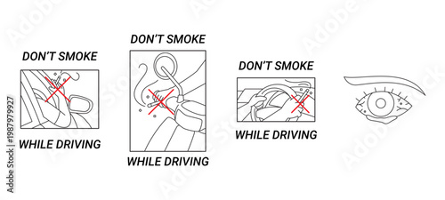 Clean line illustrations for public health awareness, depicting drivers being told not to smoke, suitable for educational brochures, safety manuals, and driving school instructional materials.