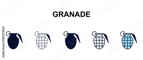 granade multi-style outline icon set - army and milatry concept. Thin line, regular, filled, colored granade icon