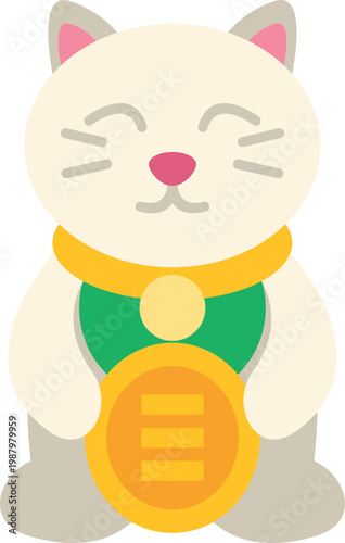 Maneki neko lucky cat holding a gold coin, symbolizing prosperity and good luck