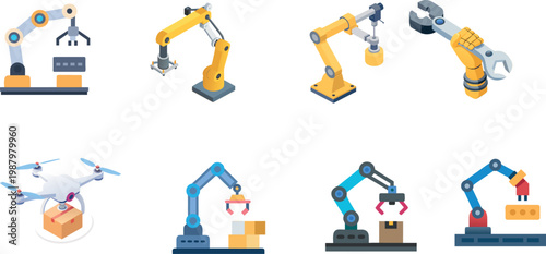 Industrial robotics and smart technology icon set, featuring robotic arms, VR headsets, automated vacuum, and 3D printing concepts.
