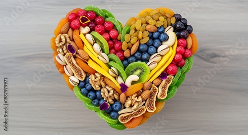 Rainbow colored fruit and nut heart shape vibrant healthy food creative design artistic composition nutrition concept top view