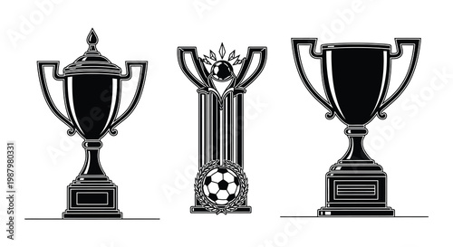 Black and white illustration of trophies a rosette and a soccer ball badge