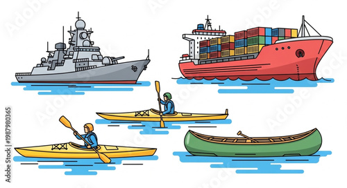 Collection of different boats and watercraft on the water.