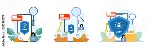 GDPR illustration set with data privacy regulation, cyber security, confidential data protection, and network security technology concept, clean flat vector design for website and banner.