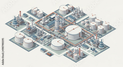 Industrial oil refinery complex with storage tanks and pipelines.