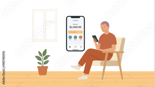 Man sitting on chair in room with phone and device showing money