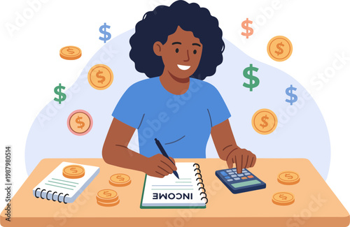 A woman calculates income with a calculator and coins on a desk.