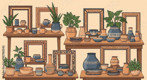 Collection of antique pottery vases and picture frames displayed on wooden tables.